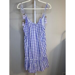 Maaji Blue White Gingham Tie Shoulder‎ Tassel Ruffle Dress Size L
